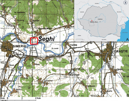 Fig. 1. Localizarea sitului Rapoltu Mare-„Şeghi” pe teritoriul României (A) şi pe harta topografică militară din 1996 (B)